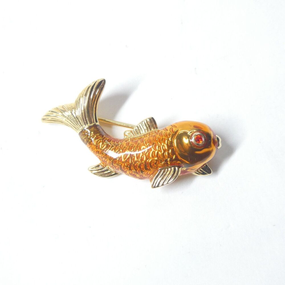 Koi Fish Pin Swarovski Orange Enamel Red Rhinestone Eye Goldtone Brooch Vintage